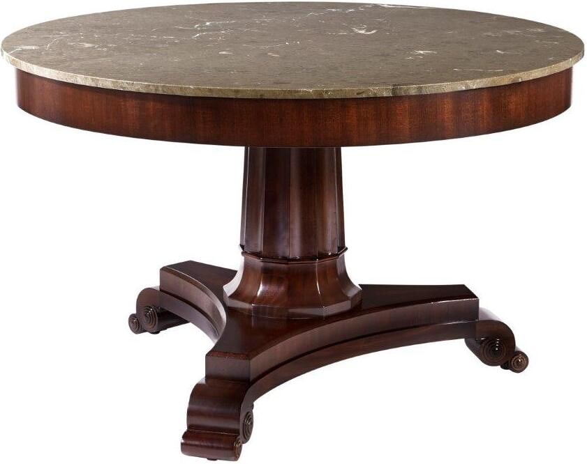 Sutton Dining Table: Sutton Dining Table An interpretation of a French Empire antique, Sutton features a gray marble stone top, faceted pedestal base on three carved legs with scroll accents. Item Dimensions: Height: 30.0