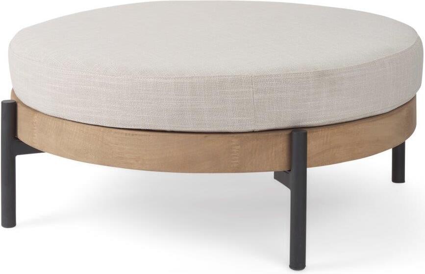 Colburne Cream Fabric With Brown Wood Round Ottoman: Colburne Cream Fabric With Brown Wood Round Ottoman There's nothing pretentious about this enticing furniture piece. A lovely combination of wood, metal and fabric collide to bring you the Colburne Ro