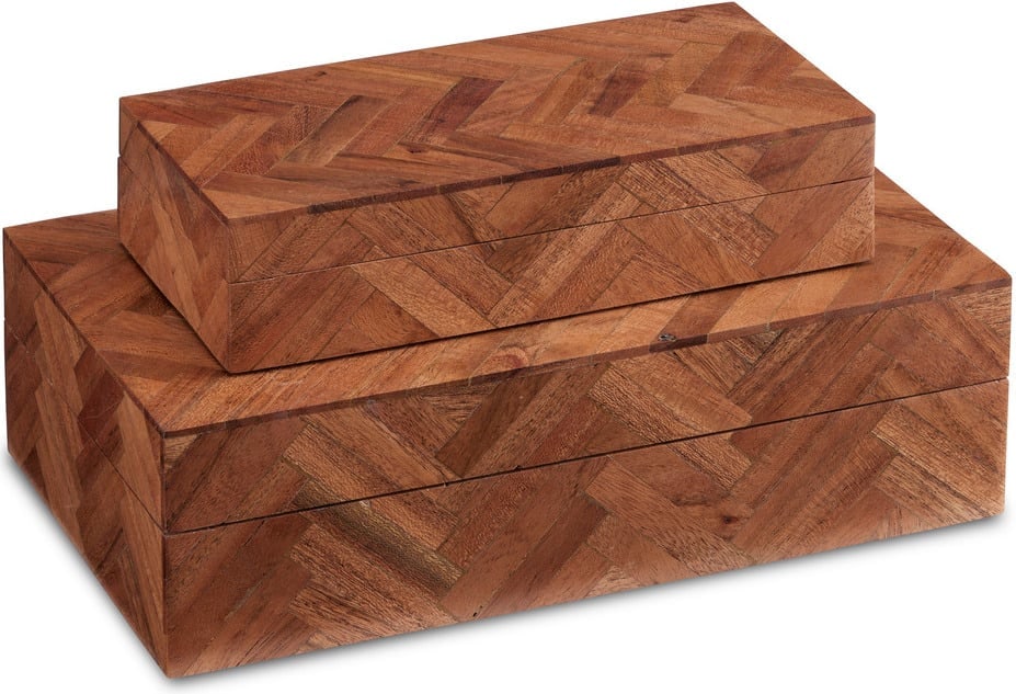 Alfeo Wood Box Set of 2 In Natural: Alfeo Wood Box Set of 2 In Natural The Alfeo Wood Box Set Includes Large And Small Decorative Boxes Made Of Solid Wood With Surface Treatments In Herringbone Patterns. These Are Painstaking Artisanal
