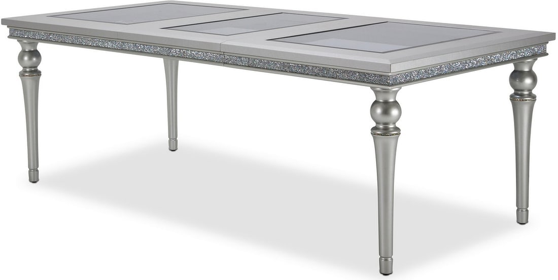 Melrose Plaza Dove Dining Table: Melrose Plaza Dove Dining Table Melrose Collection from Aico Dove finish Top wrapped in dove gray textured Vinyl Two beveled glass inserts Crystal encrusted apron,Platinum finished legs,Extendable tab
