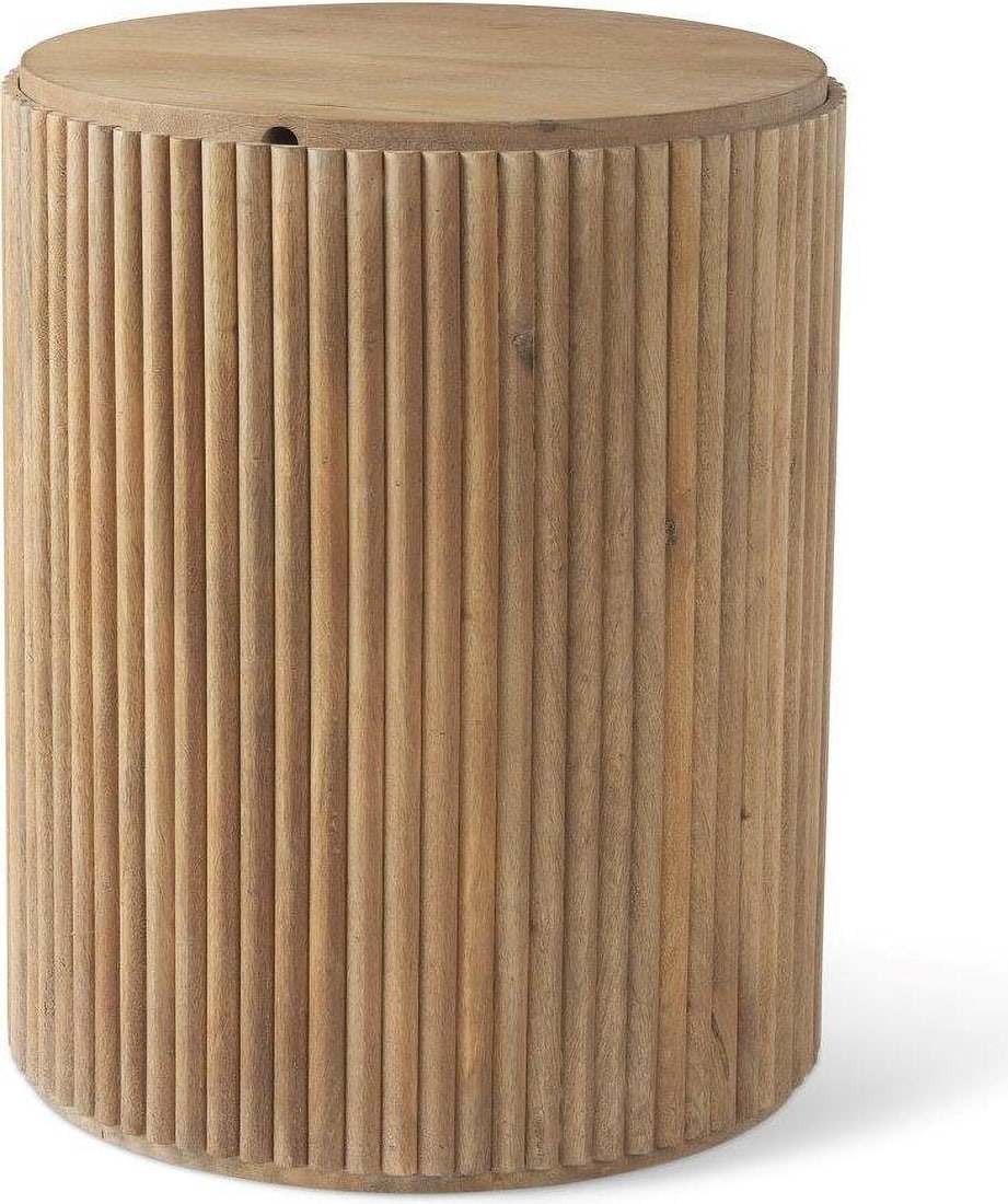 Terra Light Brown Wood Fluted Round Side Table: Terra Light Brown Wood Fluted Round Side Table The light brown Terra Side Table is a beautiful statement piece to include in the home or office space. Bold, contemporary, and trendy this eye-catching