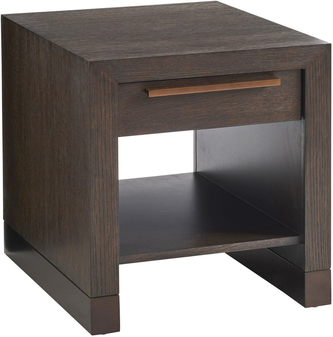 Park City Heber Drawer End Table: Park City Heber Drawer End Table The end table has a slightly recessed drawer front with an elongated drawer pull and lower shelf, with an open back. The metal framed leg base reflects one of the desi