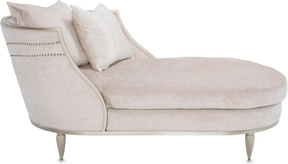 London Place Chaise In Parchment: London Place Chaise In Parchment We're bringing chic back! The London Place Chaise is made with soft fabric and platinum trims perfect for sunny days and winter relaxation. Chaise cushion and body are