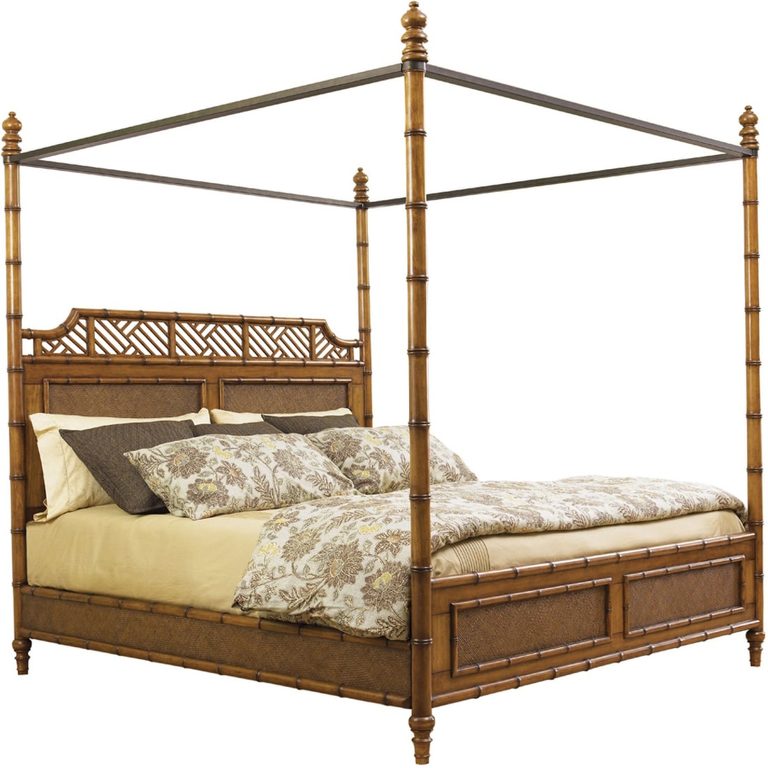 Island Estate Plantation Brown West Indies King Poster Canopy Bed: Island Estate Plantation Brown West Indies King Poster Canopy Bed The carved bamboo posts with chippendale inspired cutouts above a woven rattan panel gives rise to the peaceful tropics. Part of Islan