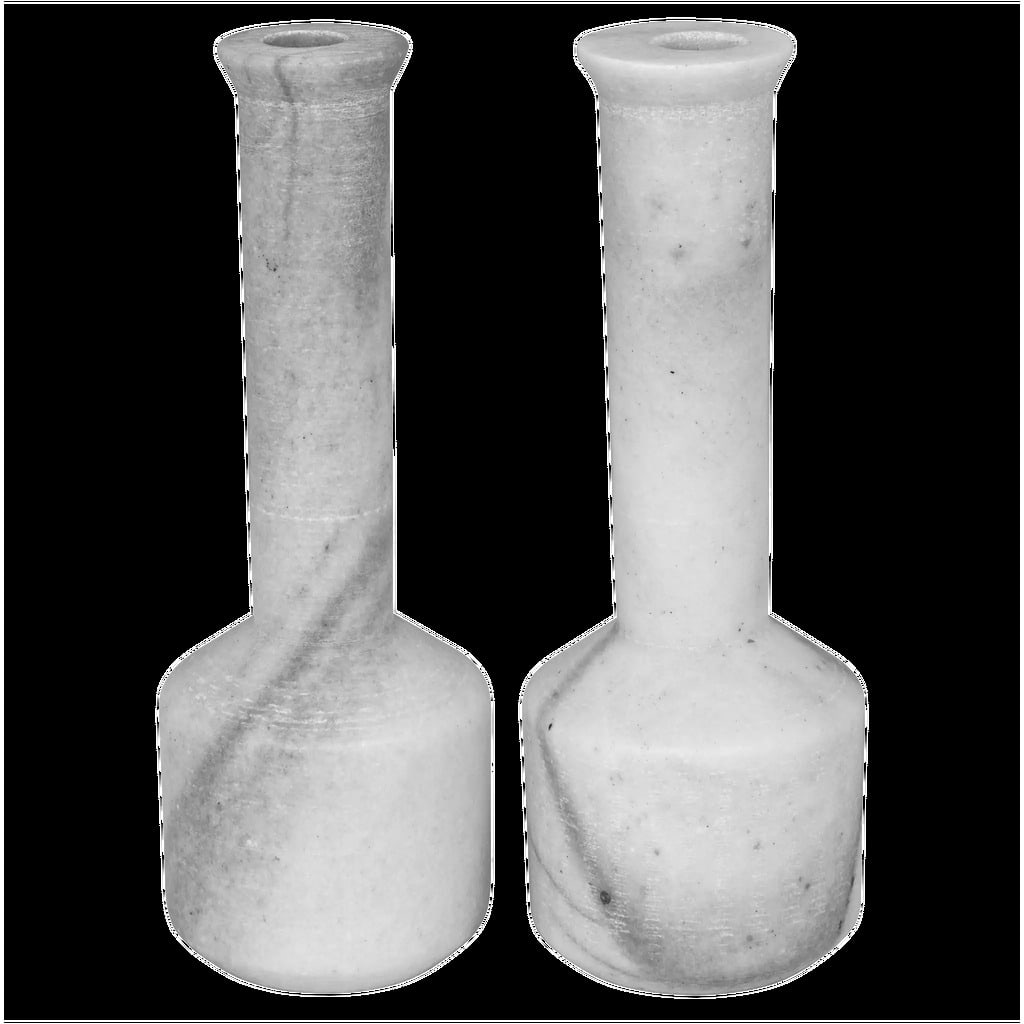 Markos Decorative Candle Holder Set of 2 In Bianco: Markos Decorative Candle Holder Set of 2 In Bianco These simple yet sophisticated candleholders have been hand-carved from solid marble. Sized for use with traditional taper candles and sold in sets o