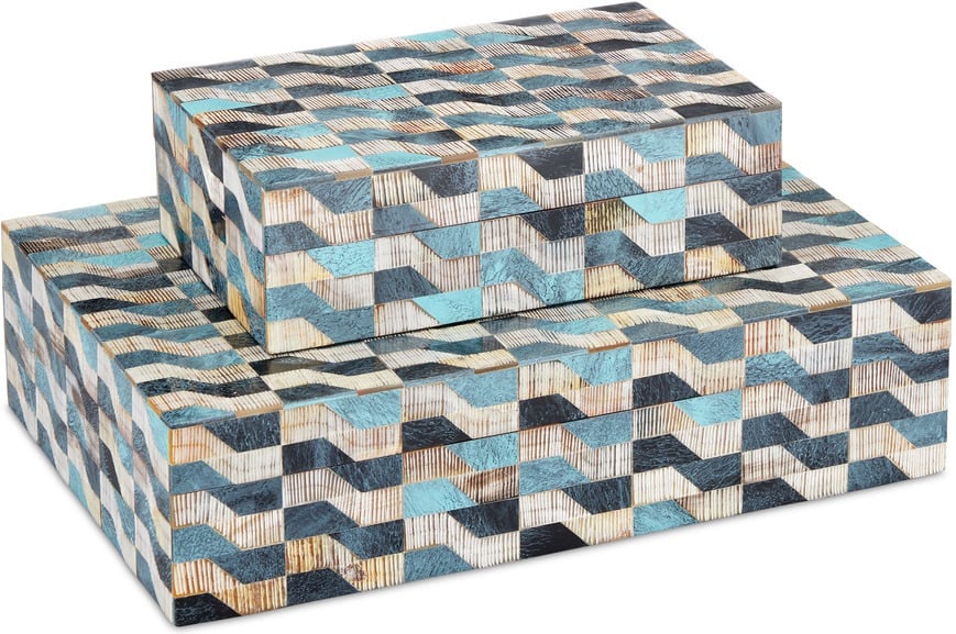 Ezra Box Set of 2 In Multi: Ezra Box Set of 2 In Multi The Ezra Box Set includes two decorative boxes that are made of alternating colors of bone and chiseled horn. The wavy pattern is created when blue, brown, and ivory colored