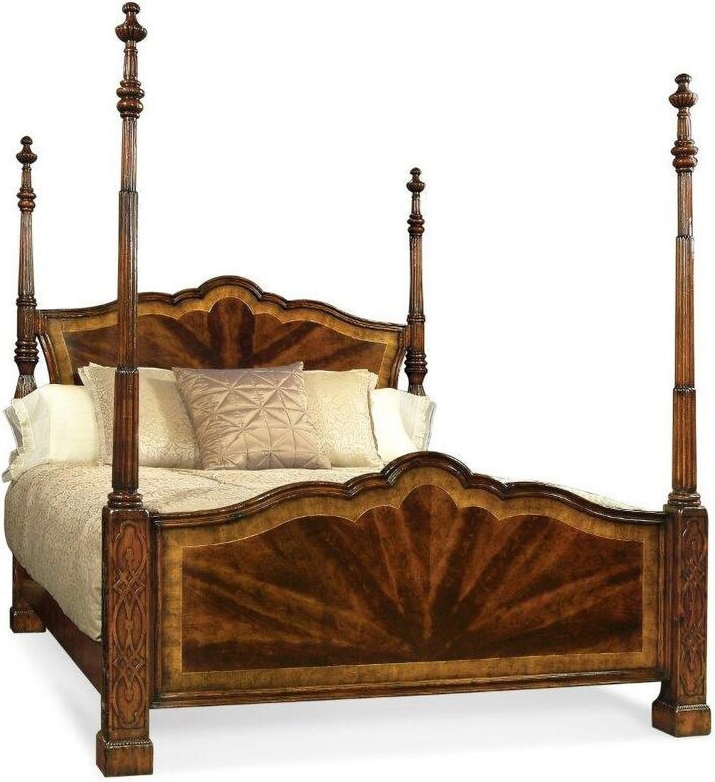 Versailles Us King Four Poster Mahogany Bed: Versailles Us King Four Poster Mahogany Bed Chippendale style four poster bed with the finest mahogany flame veneers and satinwood crossbanding on the head and footboard, high turned and fluted posts