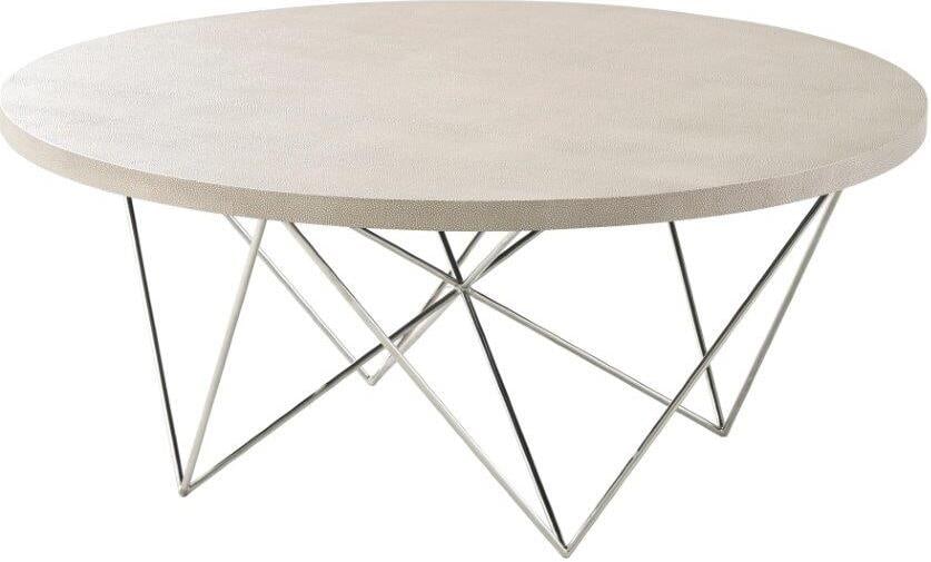 Brigham Cocktail Table: Brigham Cocktail Table Cocktail Table Circular Shagreen Embossed Leather Wrapped Top Overcast Finish Complex Nickel Finish Trivet Base Item Dimensions: Height: 18.0 Width: 42.0 Depth: 42.0 PLEASE NOTE