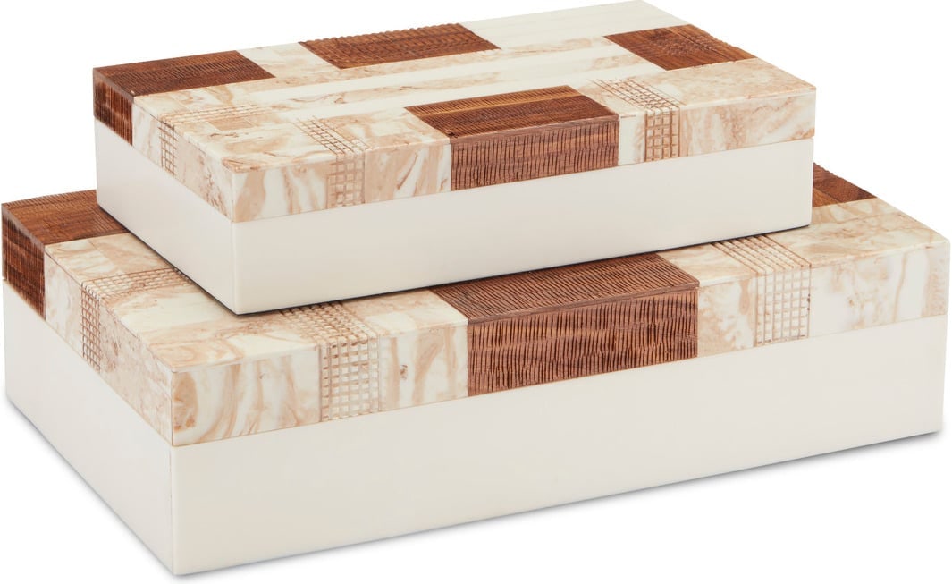 1940S Box Set of 2 In Beige: 1940S Box Set of 2 In Beige A Surprising Mix Of Materials Makes Up The 1940S Box Set Designed By Aimee Kurzner. Covering The Surface Of The Pair Of Tan And Ivory Decorative Boxes Are Wood, Composite,