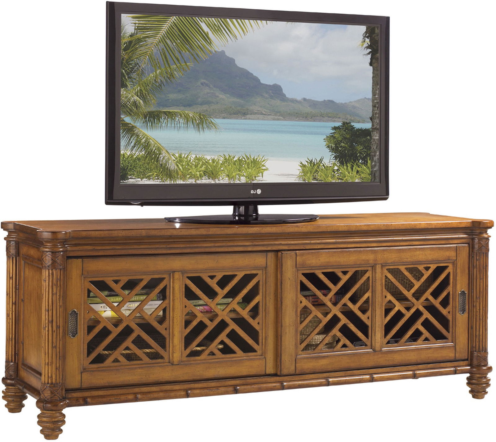 Island Estate Plantation Brown Nevis Media Console: Island Estate Plantation Brown Nevis Media Console For larger televisions the two pierced lattice sliding doors with two adjustable shelves create a wider base unit and provide more room for the multi