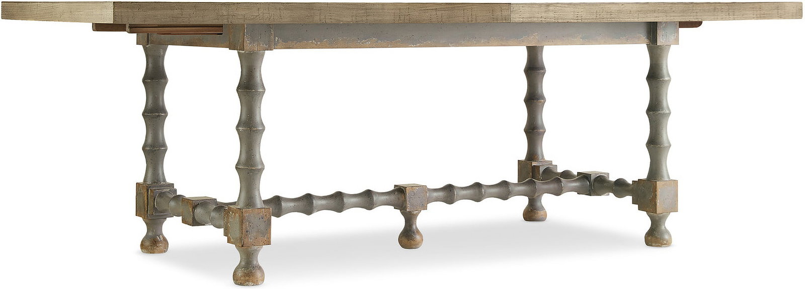 Ciao Bella 84in Trestle Table w/ 2-18in Leaves-Natural/Gray: Ciao Bella 84in Trestle Table w/ 2-18in Leaves-Natural/Gray Be transported to a romantic, rustic Italian farmhouse as you dine around the Ciao Bella 84-inch Trestle Table. The base has turned legs and