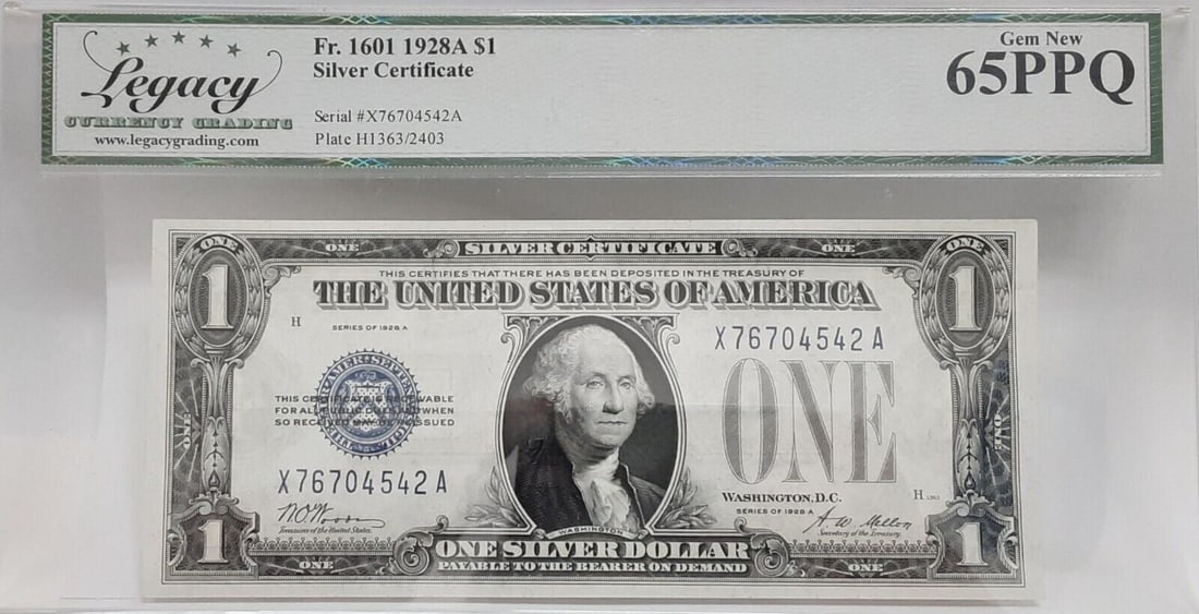 1928-A $1 Silver Certificate FR# 1601 X-A Block Gem New 65 PPQ: 1928-A $1 Silver Certificate FR# 1601 X-A Block Gem New 65 PPQ This 1928-A $1 Silver Certificate features the Woods/Mellon signatures and is graded as Gem Unused 65 PPQ by Legacy Currency Grading. It 