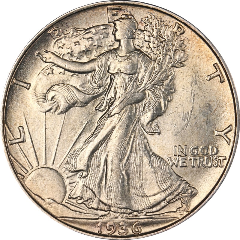 1936-D Walking Liberty Half Dollar Silver Coin: 1936-D Walking Liberty Half Dollar Silver Coin This 1936-D Walking Liberty Half Dollar features a stunning design and is composed of 90% silver. It was minted in Denver and is in circulated condition.