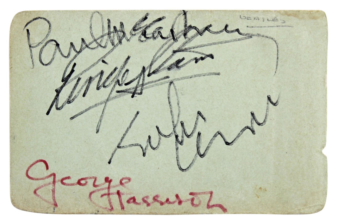 Beatles Signed Cut Signature John Lennon Paul McCartney George Harrison Ringo Starr: Beatles Signed Cut Signature John Lennon Paul McCartney George Harrison Ringo Starr Original cut signature featuring the autographs of John Lennon, Paul McCartney, George Harrison, and Ringo Starr. Au
