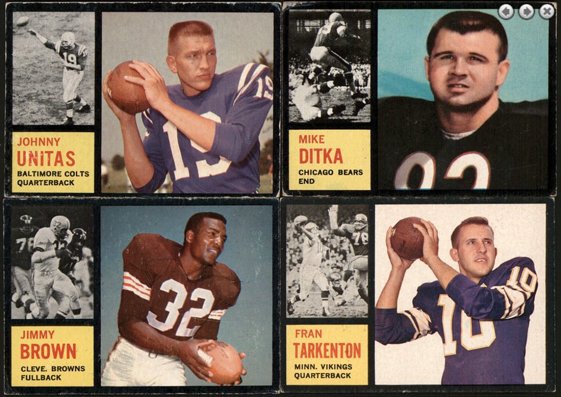 1962 Topps Football Cards Complete Set of 176: 1962 Topps Football Cards Complete Set of 176 This is a complete set of 1962 Topps Football trading cards, featuring a total of 176 cards. Each card is officially authenticated by Topps, ensuring qual