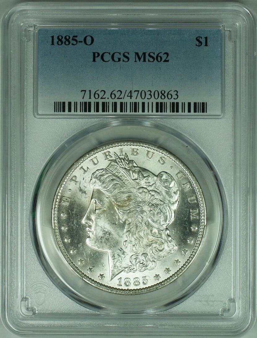 1885-O Morgan Silver Dollar Coin PCGS MS62 Uncirculated: 1885-O Morgan Silver Dollar Coin PCGS MS62 Uncirculated This 1885-O Morgan Silver Dollar coin is certified by PCGS with a grade of MS 62. It features a composition of 90% silver and was minted in New 