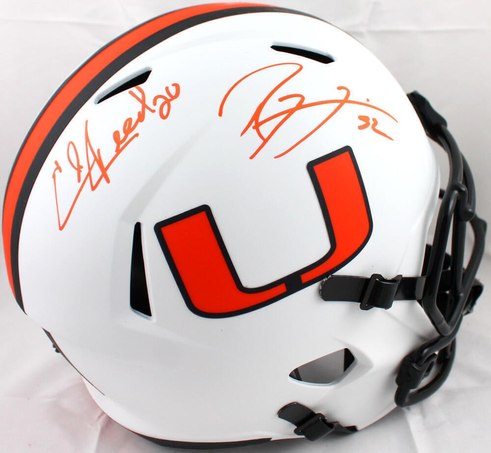 Ray Lewis Ed Reed Autographed Miami Hurricanes Full Size Lunar Speed Helmet Beckett Authenticated: Ray Lewis Ed Reed Autographed Miami Hurricanes Full Size Lunar Speed Helmet Beckett Authenticated This original full-size Lunar Speed helmet is autographed by football legends Ray Lewis and Ed Reed, s