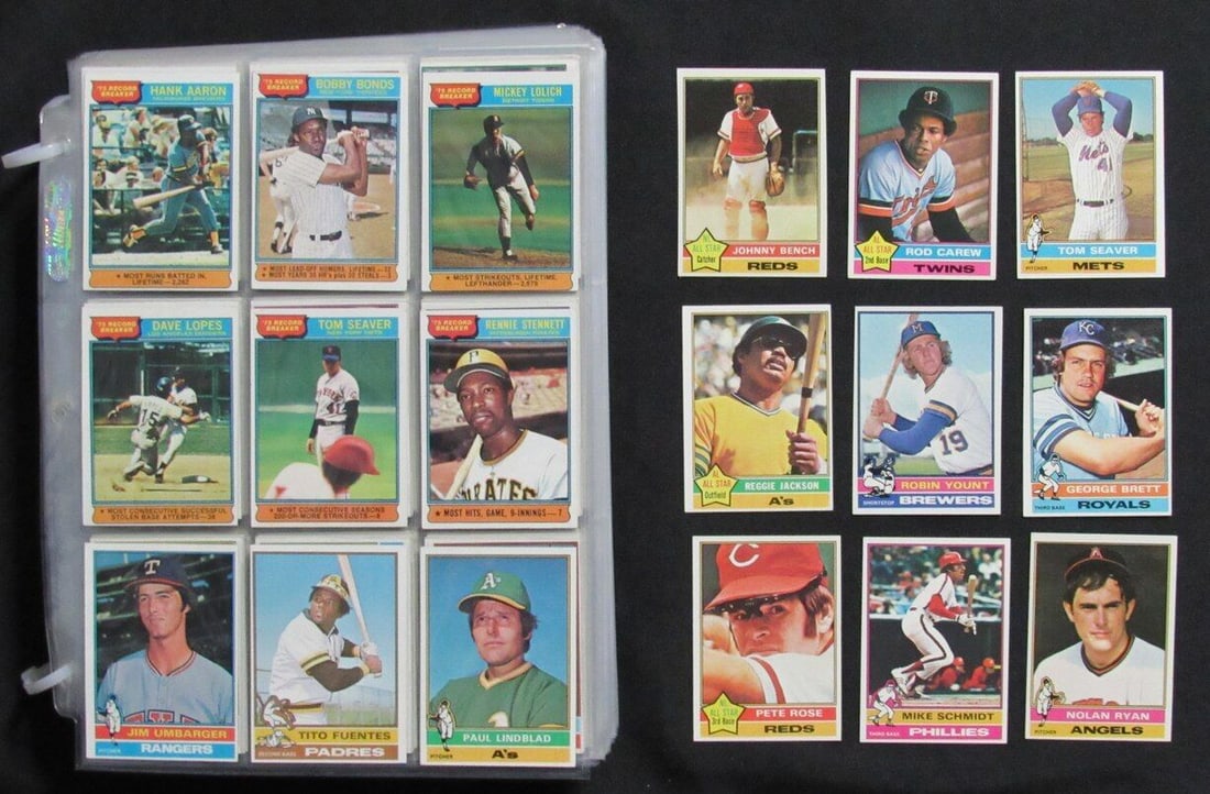 1976 Topps Baseball Complete Set 660 Cards Aaron Rose Ryan: 1976 Topps Baseball Complete Set 660 Cards Aaron Rose Ryan This is a complete original 1976 Topps Baseball card set featuring 660 cards, including iconic players such as Hank Aaron, Pete Rose, and Nol