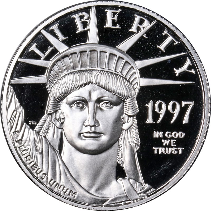 1997-W Platinum American Eagle $50 Proof Coin: 1997-W Platinum American Eagle $50 Proof Coin This 1997-W Platinum American Eagle $50 Proof Bullion Coin features a composition of 0.9999 fine platinum. It is uncertified with a PR grade and includes 