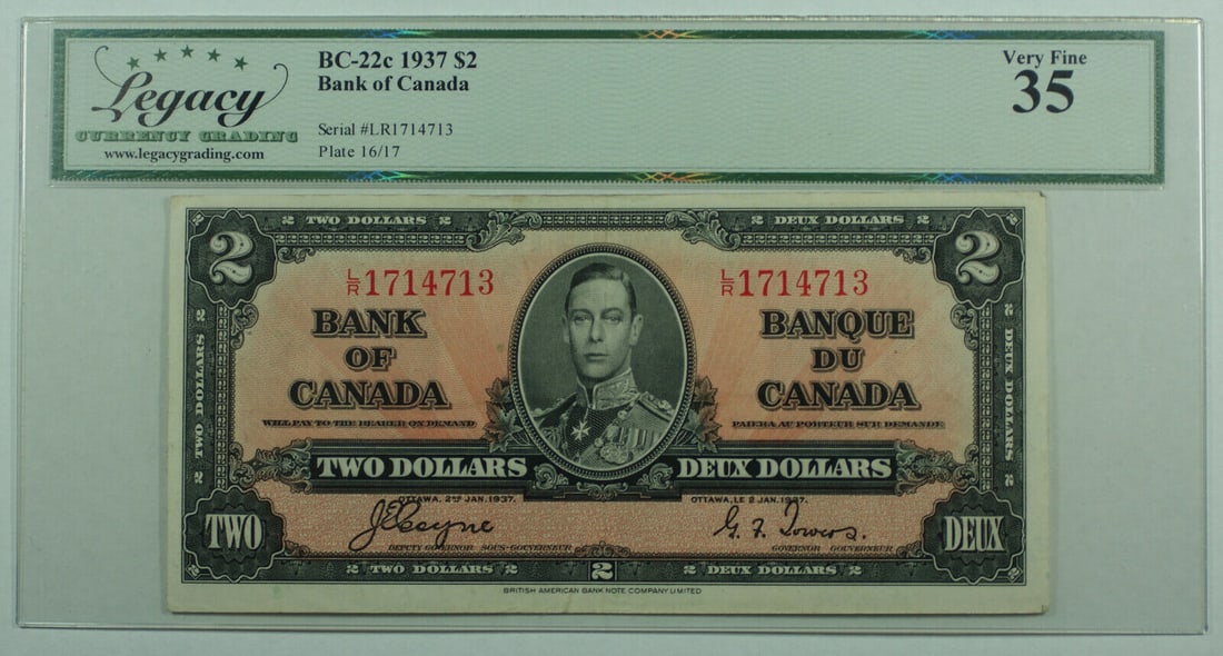 1937 $2 Bank of Canada Bill BC-22c VF-35: 1937 $2 Bank of Canada Bill BC-22c VF-35 A 1937 $2 Two Dollar Bill from the Bank of Canada, designated BC-22c, graded VF-35 by Legacy Currency Grading. This banknote is noted for its potential undergr