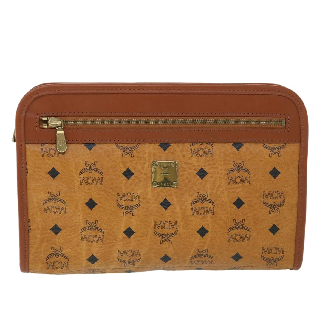 MCM Visetos Brown Canvas Clutch Bag: MCM Visetos Brown Canvas Clutch Bag MCM Visetos clutch bag in brown canvas from Germany. Dimensions: Width 30cm, Height 20cm, Depth 7cm. Recognized for its distinctive style, this clutch combines vers