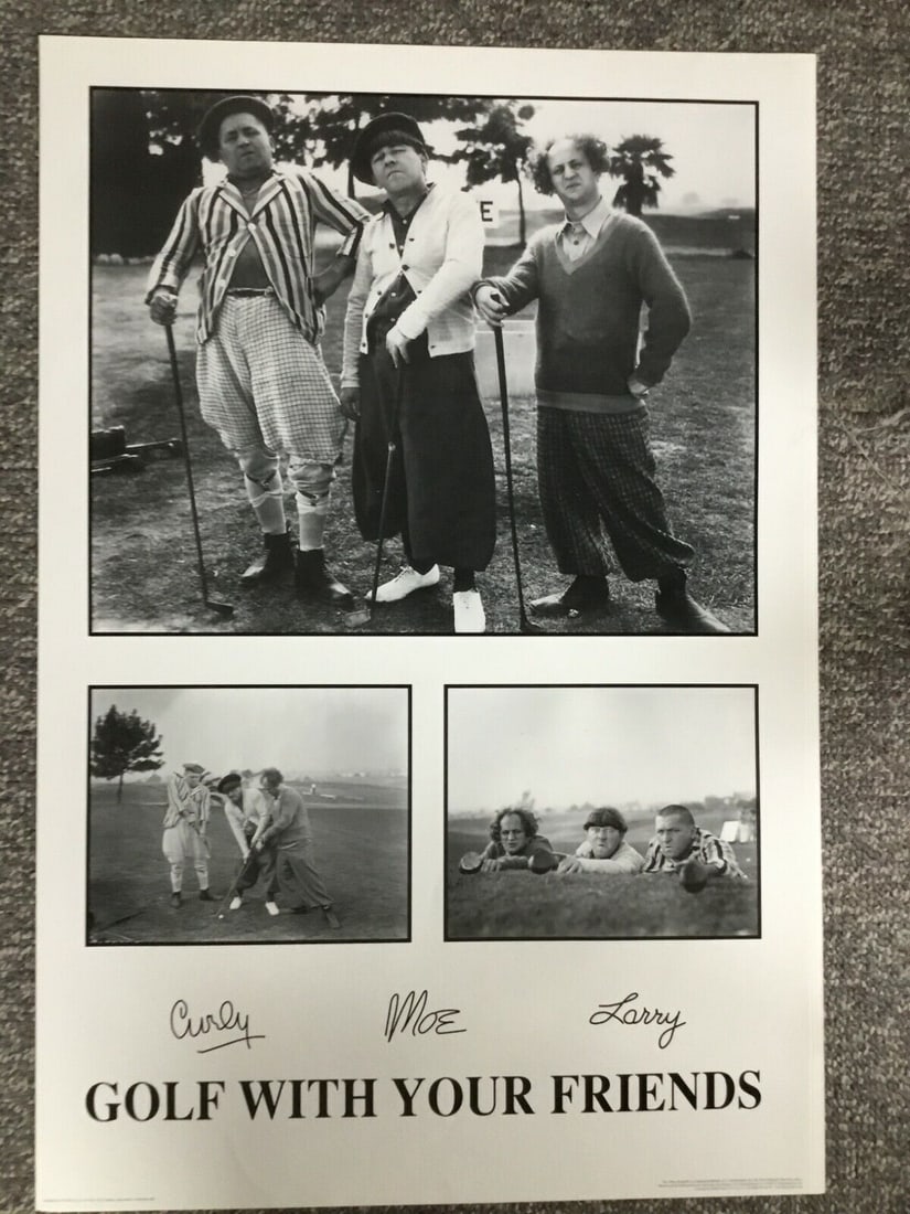 Three Stooges Golf Poster Print 24x36 Inches Black and White Lithograph Art: Three Stooges Golf Poster Print 24x36 Inches Black and White Lithograph Art This open edition poster print features the iconic Three Stooges in a golf-themed artwork, produced using offset lithography