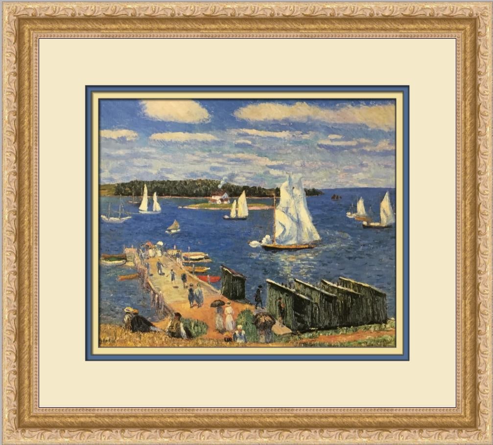 William Glackens Mahoe Bay Custom Framed Print 1984: William Glackens Mahoe Bay Custom Framed Print 1984 This custom framed print titled 'Mahoe Bay' by artist William Glackens showcases a stunning Impressionist style depicting figures and sailboats in a