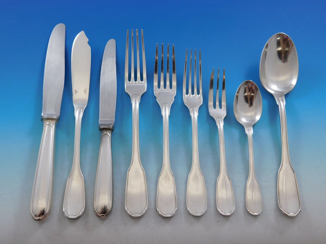 Plunir Silverplate Flatware Set by Christofle France 54 Pieces: Plunir Silverplate Flatware Set by Christofle France 54 Pieces This stunning Plunir silverplate flatware service set by Christofle France includes 54 pieces, showcasing the exquisite Germaine/Touraine