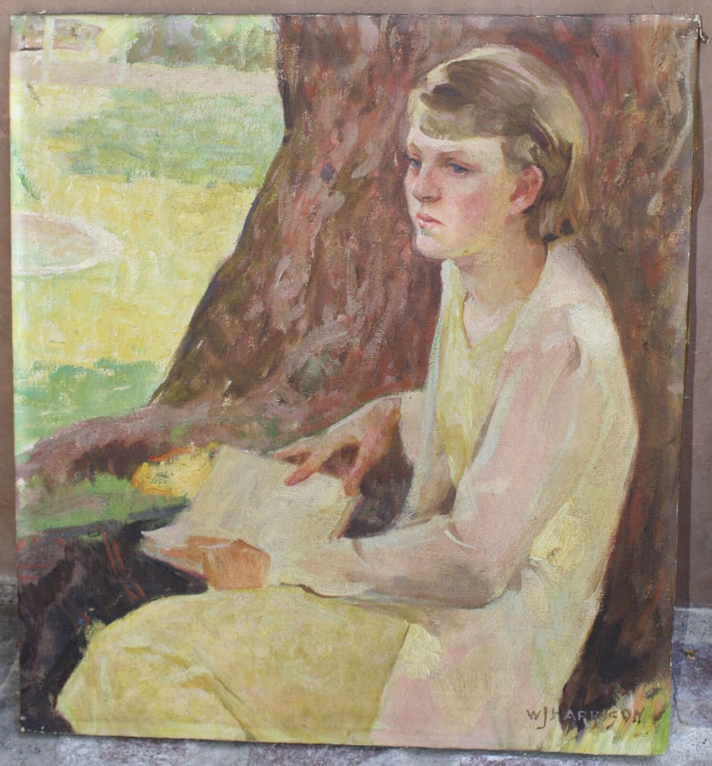 Oil On Canvas Portrait by William JR Harrison, Signed, 18.1x20.2in: Oil On Canvas Portrait by William JR Harrison, Signed, 18.1x20.2in This original oil on canvas painting by American listed artist William JR Harrison depicts a portrait of a young lady reading a book.