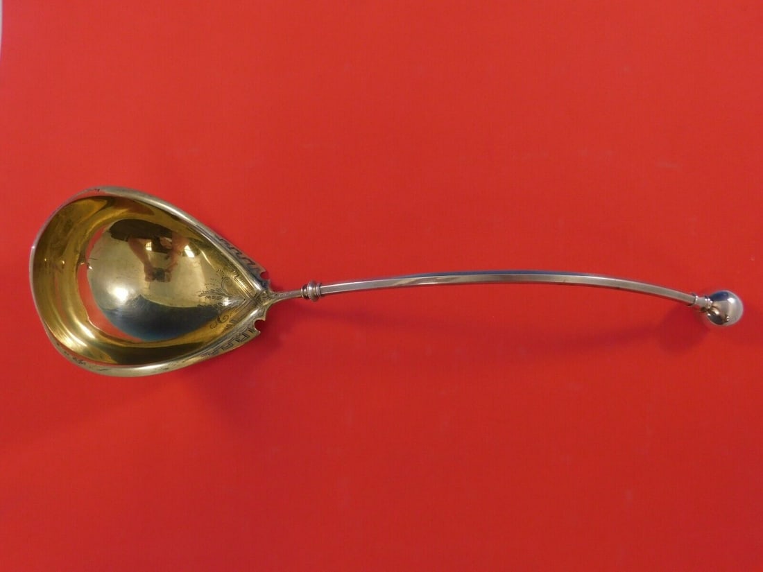 George Sharp Sterling Silver Ball End Soup Ladle 14.25in: George Sharp Sterling Silver Ball End Soup Ladle 14.25in This un-used George Sharp Sterling Silver Soup Ladle features a beautiful Ball End pattern with bright-cut detailing. Measuring 14.25 inches, t