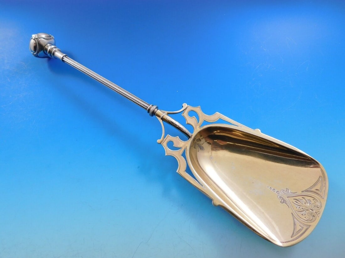 George Sharp Sterling Silver Ice Cream Serving Spoon 11in Decorated Ball End: George Sharp Sterling Silver Ice Cream Serving Spoon 11in Decorated Ball End This exquisite Sterling Silver Ice Cream Serving Spoon by George Sharp features a beautifully decorated ball end design. Me