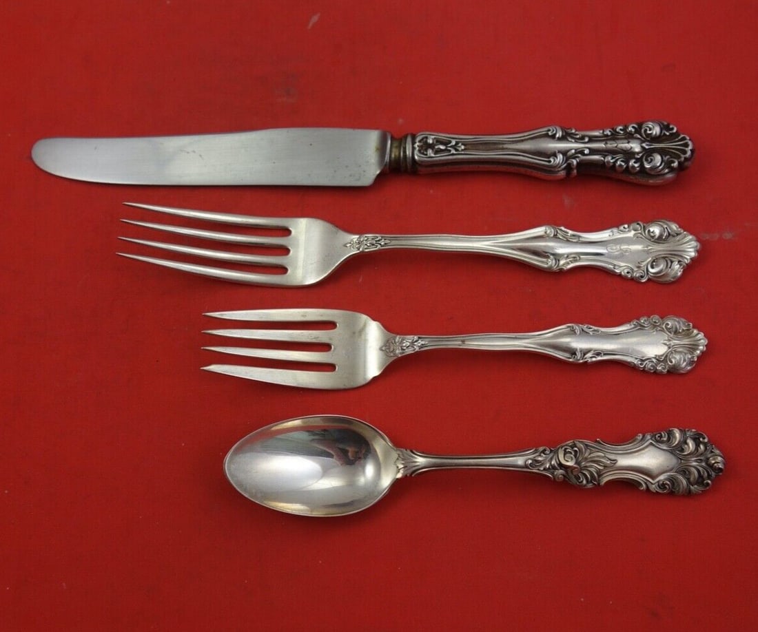 Frank Smith Sterling Silver George VI Richfield 4-Piece Setting: Frank Smith Sterling Silver George VI Richfield 4-Piece Setting This exquisite 4-piece sterling silver flatware set, known as George VI aka Richfield, by Frank Smith, features a hollow handle with sta