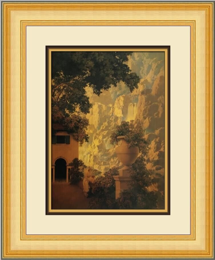 Maxfield Parrish Sunrise Custom Framed Print 20x17 in Offset Lithograph: Maxfield Parrish Sunrise Custom Framed Print 20x17 in Offset Lithograph This custom framed print features Maxfield Parrish's 'Sunrise,' created in 1996. The artwork is a medium-sized offset lithograph