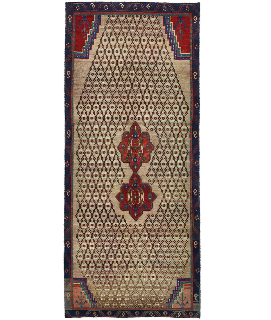 Vintage Beige Tribal Runner Rug 5ft by 12ft Hand-Knotted Wool Carpet: Vintage Beige Tribal Runner Rug 5ft by 12ft Hand-Knotted Wool Carpet This vintage tribal runner rug features a geometric pattern in shades of beige, dark purple, navy, red, teal, and tan. Hand-knotted