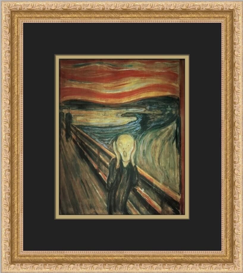 Custom Framed Edvard Munch The Scream Print: Custom Framed Edvard Munch The Scream Print This custom framed Edvard Munch print titled 'The Scream' features a medium size of 13 inches in width and 14 inches in height, with a portrait orientation.