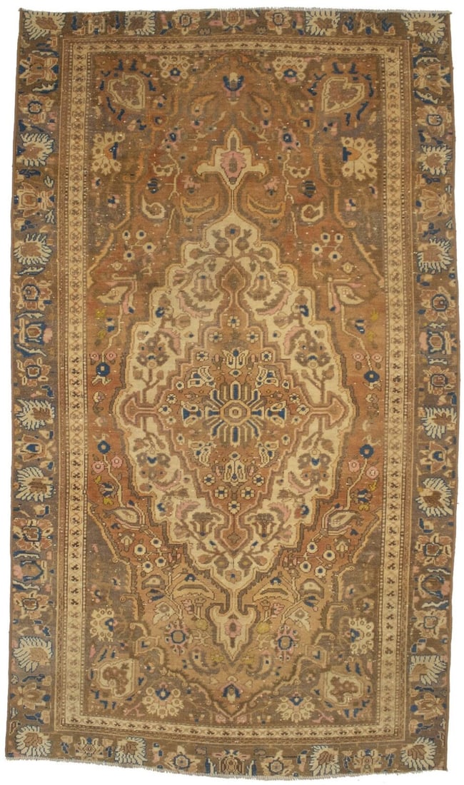 Muted Rust and Brown Hand-Knotted Oriental Rug 6ft x 10ft Wool Vintage Carpet: Muted Rust and Brown Hand-Knotted Oriental Rug 6ft x 10ft Wool Vintage Carpet This vintage hand-knotted Oriental rug features a muted color palette of rust, cream, brown, beige, and blue. Measuring 10