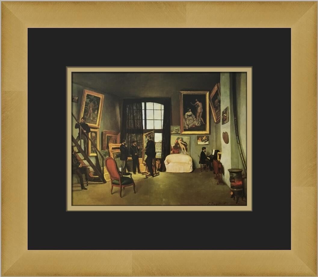 Frederic Bazille The Artist's Studio Custom Framed Print: Frederic Bazille The Artist's Studio Custom Framed Print This custom framed print features Frederic Bazille's artwork titled 'The Artist's Studio.' It is a medium-sized piece (up to 36 inches) with di