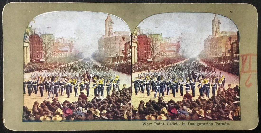 Original 1905 Stereoview Card West Point Cadets Inauguration Parade: Original 1905 Stereoview Card West Point Cadets Inauguration Parade This is an original 1905 stereoview card depicting West Point Cadets during the inauguration parade in Washington DC. The card is ma