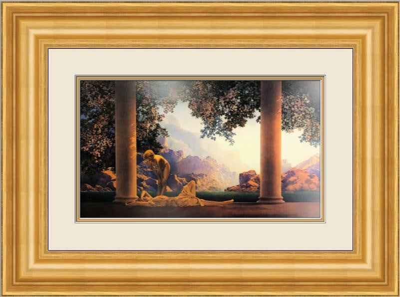 Maxfield Parrish Daybreak Framed Print 23x18 Landscape Art: Maxfield Parrish Daybreak Framed Print 23x18 Landscape Art This beautiful custom framed print titled 'Daybreak' by Maxfield Parrish showcases a stunning landscape featuring figures. It is produced usi