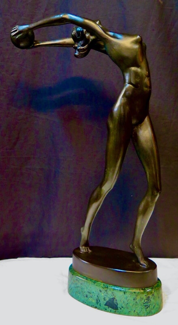 Art Deco Bronze Statue by Olive Kooken, 22.375in, 1930, Black, Original: Art Deco Bronze Statue by Olive Kooken, 22.375in, 1930, Black, Original This original Art Deco bronze statue by Olive Kooken features a young girl exercising with a ball, measuring 22.375 inches tall.