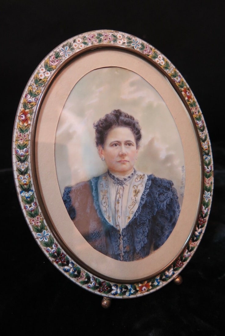 Vintage Italian Micro Mosaic Photo Frame with Painting by A. Gorges: Vintage Italian Micro Mosaic Photo Frame with Painting by A. Gorges This exquisite vintage hand-crafted micro mosaic oval photo frame features colorful sprays of flowers, set in a sturdy brass frame w