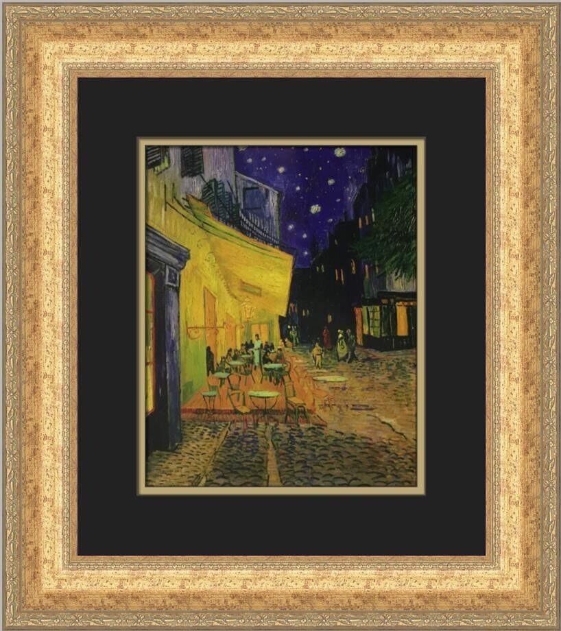 Vincent Van Gogh Cafe Terrace in Arles at Night Framed Print 15x17 inches: Vincent Van Gogh Cafe Terrace in Arles at Night Framed Print 15x17 inches This custom framed print features Vincent van Gogh's iconic artwork, "Cafe Terrace in Arles at Night." The print is an open ed