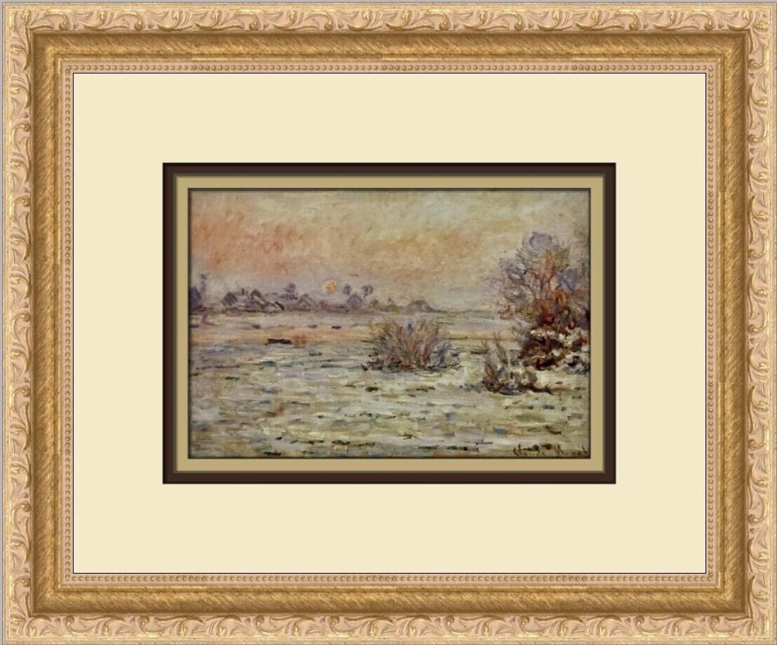 Claude Monet Winter Sun in Lavacourt Custom Framed Print 11in x 13in: Claude Monet Winter Sun in Lavacourt Custom Framed Print 11in x 13in This custom framed print features Claude Monet's artwork 'Winter Sun in Lavacourt'. The piece is a medium-sized offset lithograph p