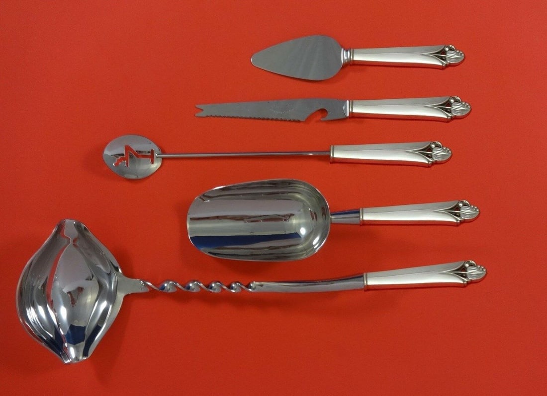 Frank Smith Woodlily Sterling Silver Cocktail Party Bar Set 5pc: Frank Smith Woodlily Sterling Silver Cocktail Party Bar Set 5pc This is a custom made 5-piece cocktail party bar serving set by Frank Smith, crafted in sterling silver. The set includes a punch ladle