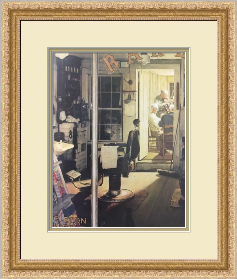Norman Rockwell Shuffletons Barber Shop Custom Framed Print 14in x 16in: Norman Rockwell Shuffletons Barber Shop Custom Framed Print 14in x 16in This custom framed print features Norman Rockwell's iconic 'Shuffletons Barber Shop.' The print is an offset lithograph, produce