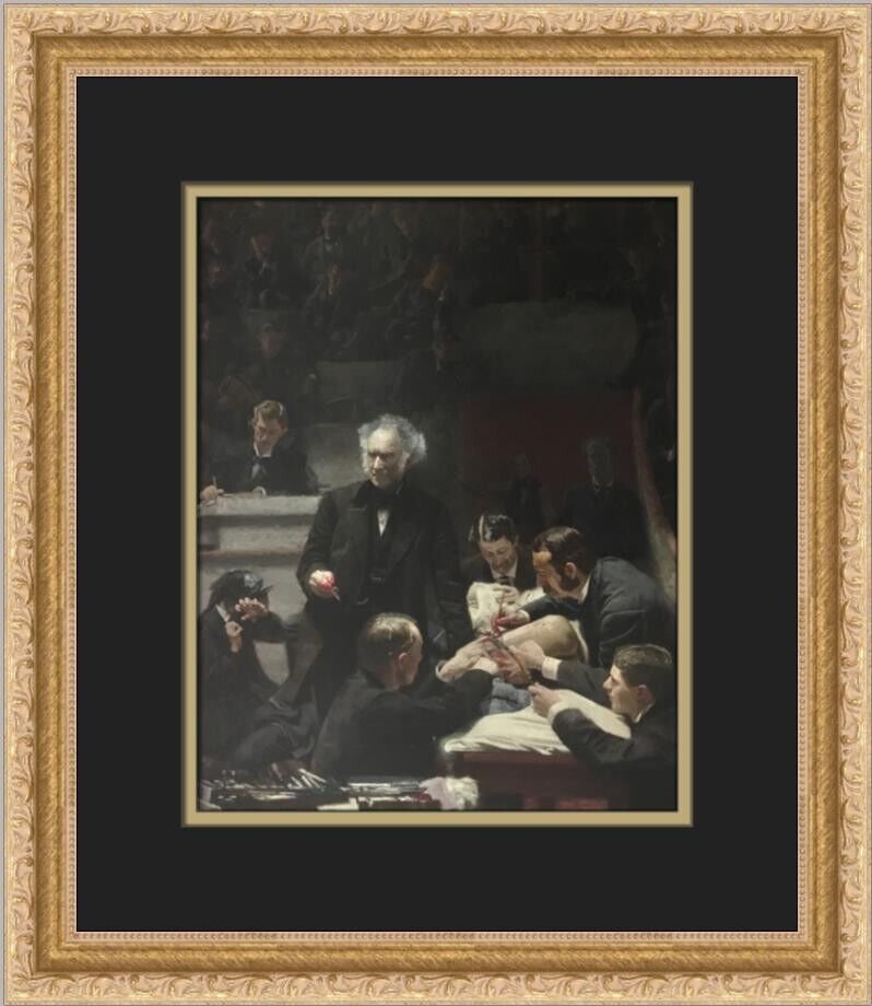 Thomas Eakins The Gross Clinic Framed Print 14x16 inches: Thomas Eakins The Gross Clinic Framed Print 14x16 inches This custom framed print features Thomas Eakins' famous artwork, The Gross Clinic. The print is matted and framed in a gold ornate frame, measu