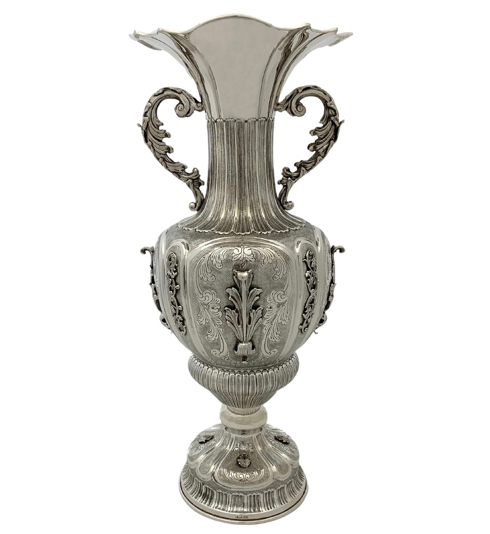 Large Handmade Sterling Silver Flower Vase with Handles: Large Handmade Sterling Silver Flower Vase with Handles This exquisite large flower vase is crafted from .925 sterling silver and made in Turkey. It features a unique handmade swirl chased leaf appliq