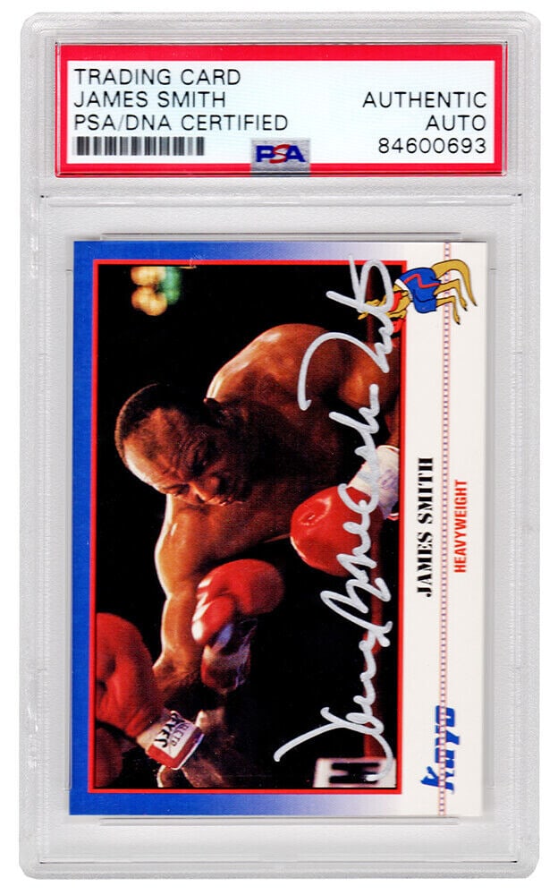 James Smith Autographed 1991 Kayo Boxing Card #10: James Smith Autographed 1991 Kayo Boxing Card #10 This is a 1991 Kayo Boxing Card #10 of James Smith, the Heavyweight Champion. The card features an authenticated autograph and is graded by PSA. It in