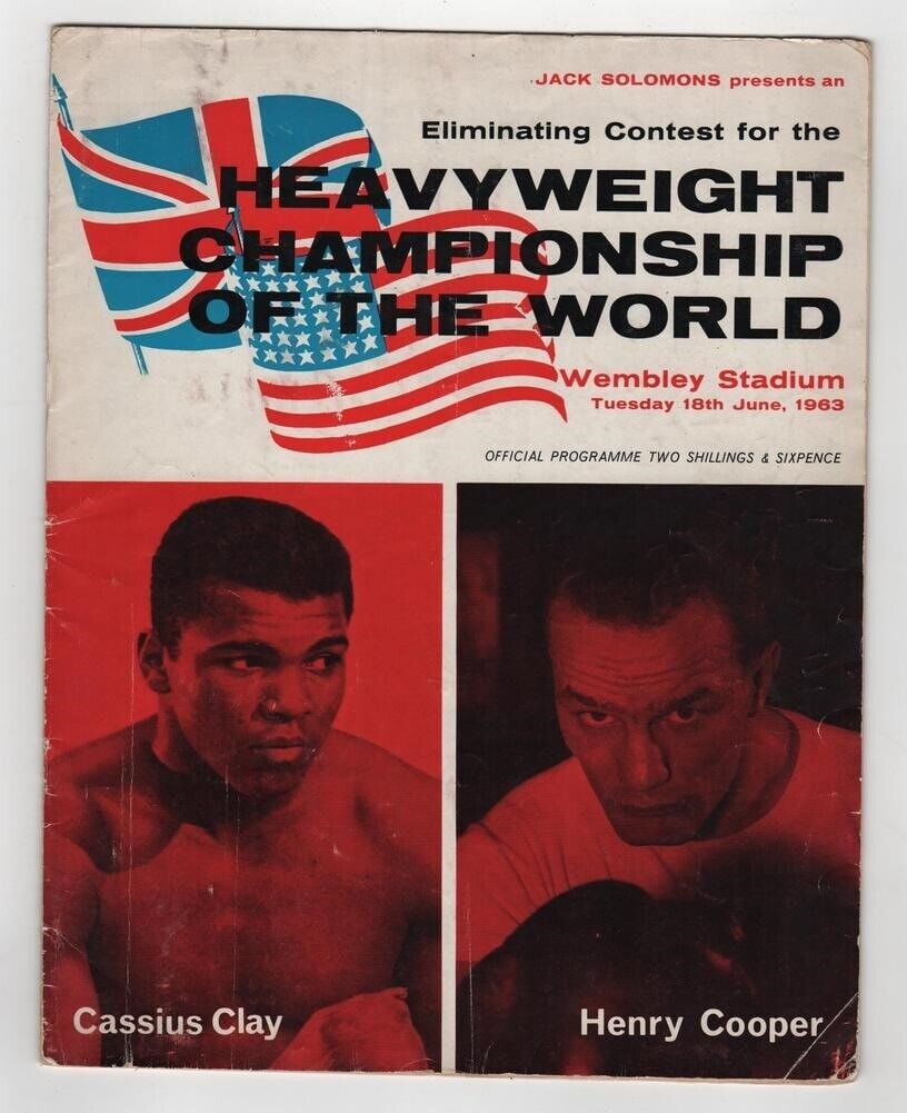 1963 Boxing Program Henry Cooper vs Cassius Clay Wembley Stadium: 1963 Boxing Program Henry Cooper vs Cassius Clay Wembley Stadium A vintage boxing program from the 1963 match between Henry Cooper and Cassius Clay (Muhammad Ali) held at Wembley Stadium in London. Th