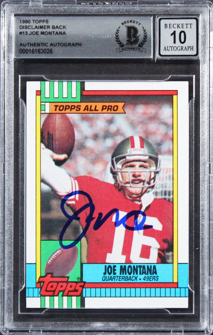 Joe Montana Signed 1990 Topps #13 Football Card BAS Auto 10: Joe Montana Signed 1990 Topps #13 Football Card BAS Auto 10 This is an original 1990 Topps #13 football card signed by Joe Montana, featuring a Beckett Authentication Services (BAS) grade of Auto 10. 
